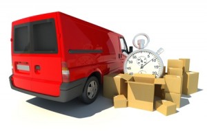 13441817 - 3d rendering of a red van, a pile of boxes and a chronometer