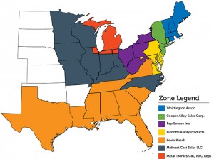 map of Pennsylvania Precision Cast Parts' sales representatives' territories